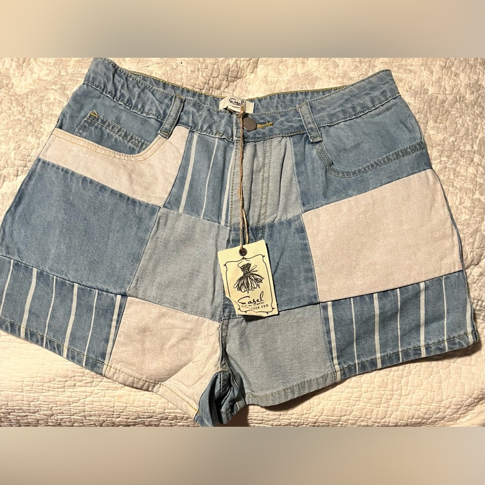 Easel Women's Patchwork Jean Shorts - Blue and White